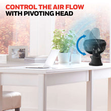 Black table fan with tilting pivoting head for directing airflow