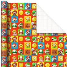 Wrapping paper sheet with colorful Mario-themed icon blocks and repeating characters