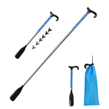 Long shoe horn with blue patterned shaft and curved black tip, plus blue storage pouch