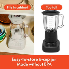 Countertop blender with clear jar and lid, shown in cabinet-fit and too-tall examples