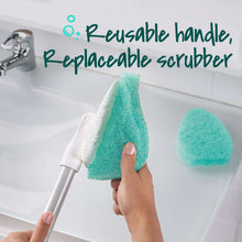 Hand holds extendable scrubber handle with green non-scratch replacement pad
