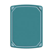 Blue non-slip cutting board with rounded corners and textured finish