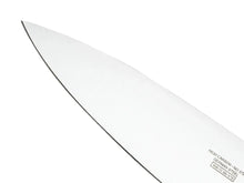 Chef's knife blade close-up in stainless steel with brand markings