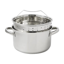 Stainless steel steamer pot with perforated basket insert and glass lid.