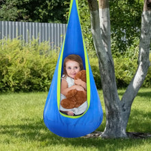 Blue kids pod swing seat hammock on tree branch, child sitting with teddy bear