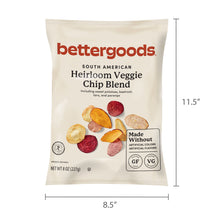 bettergoods South American Heirloom Veggie Chip Blend pouch with size markings