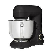 Black stand mixer with stainless mixing bowl and beater attachment