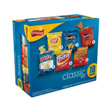 Snack chip variety pack carton showing Lay's, Doritos, Cheetos, Ruffles, Fritos chip bags