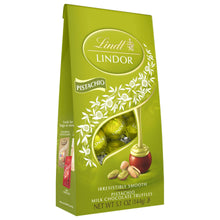 Lindt LINDOR pistachio milk chocolate truffles bag, green front with opened truffle