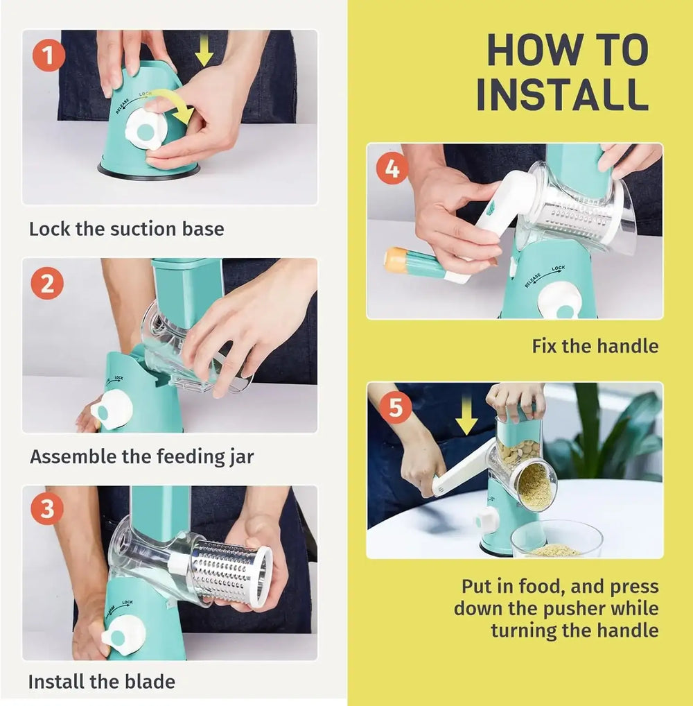 3 in 1 Cheese Grater Rotary, Cheese Shredder Grater for Kitchen Grater Slicer with 3 Replacement Blades, Potato Slicer Vegetable Chopper with Suction Base