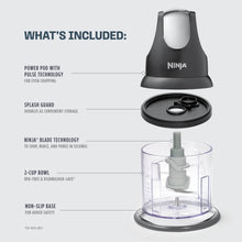 Ninja Express 2-cup food processor with black base, clear bowl, and splash guard lid