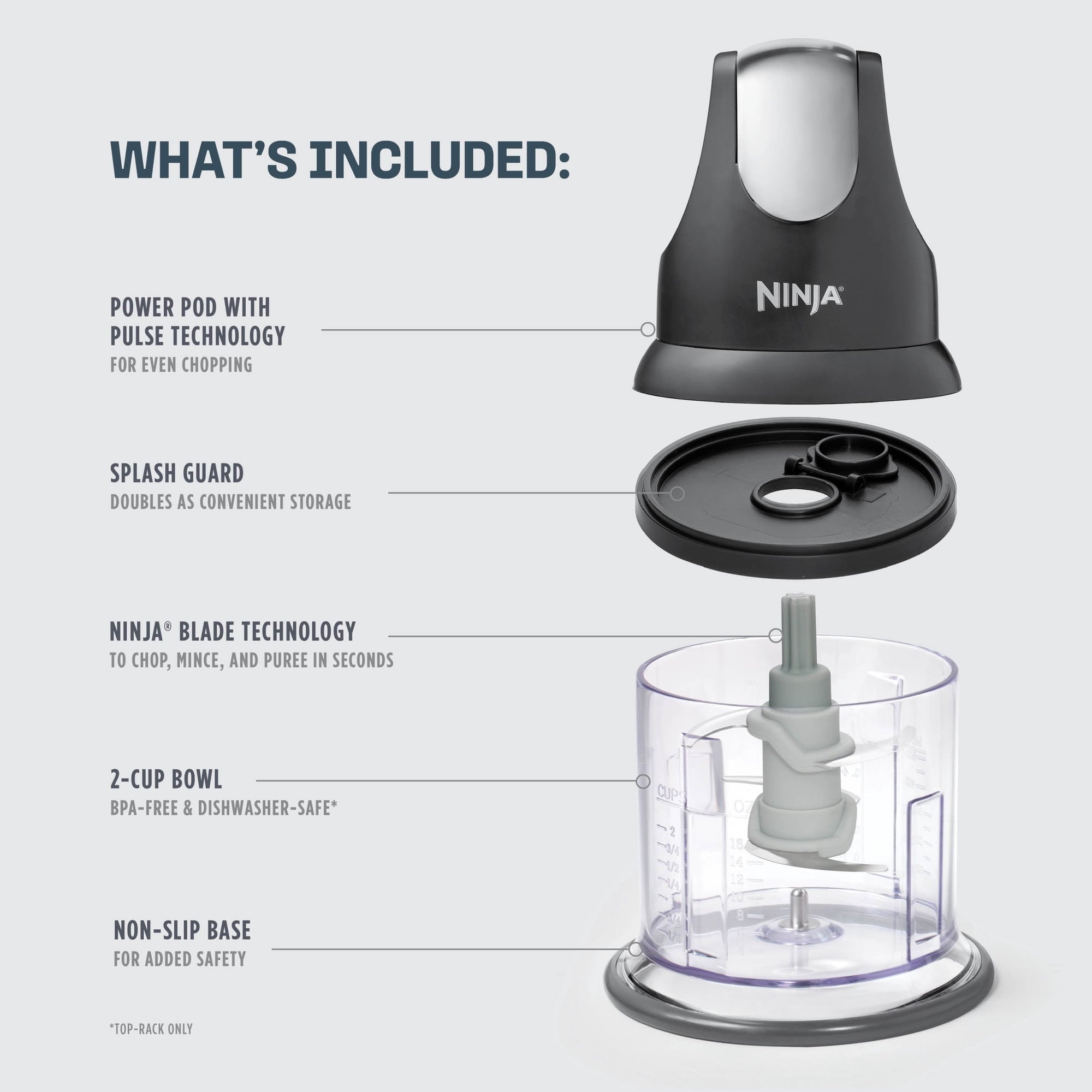 Ninja Express Chop 2-Cup Food Chopper, One-Touch Pulsing, Splash Guard & Storage Lid, NJ100, Gray