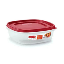 Round plastic food container with red lid and molded EasyFind lids base