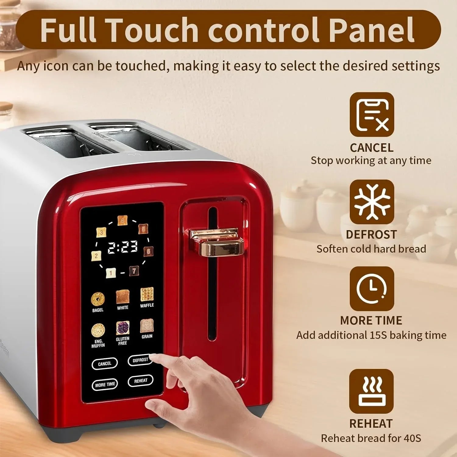 SEEDEEM Toaster 2 Slice, Touch Control Stainless Toaster LCD Display, 50% Faster Heating Speed, 1.4'' Wide Slots, More Timer Functions, Removable Crumb Tray, 1350W, Dark Metallic