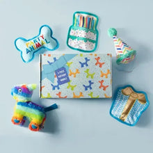 5-piece plush dog toy set with bone, cake, party hat, unicorn, and box