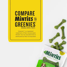 Dental bone chews and box panel comparing Minties to Greenies, green