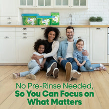 Dishwasher pacs containers on kitchen counter, teal lids, green tubs, fresh scent