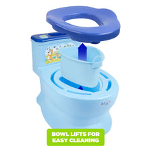 Light blue potty trainer with dark blue handle seat and raised bowl for easy cleaning