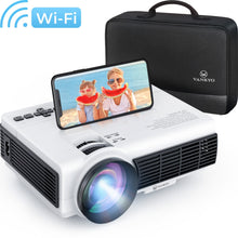 VANKYO projector with Wi‑Fi icon, tablet showing video, and black carrying case
