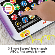 Learning tablet screen with colorful letter buttons and app-style icons