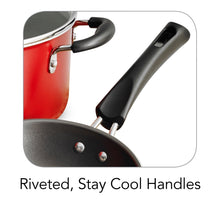 Red pot with riveted stay-cool black handle and black lid knob
