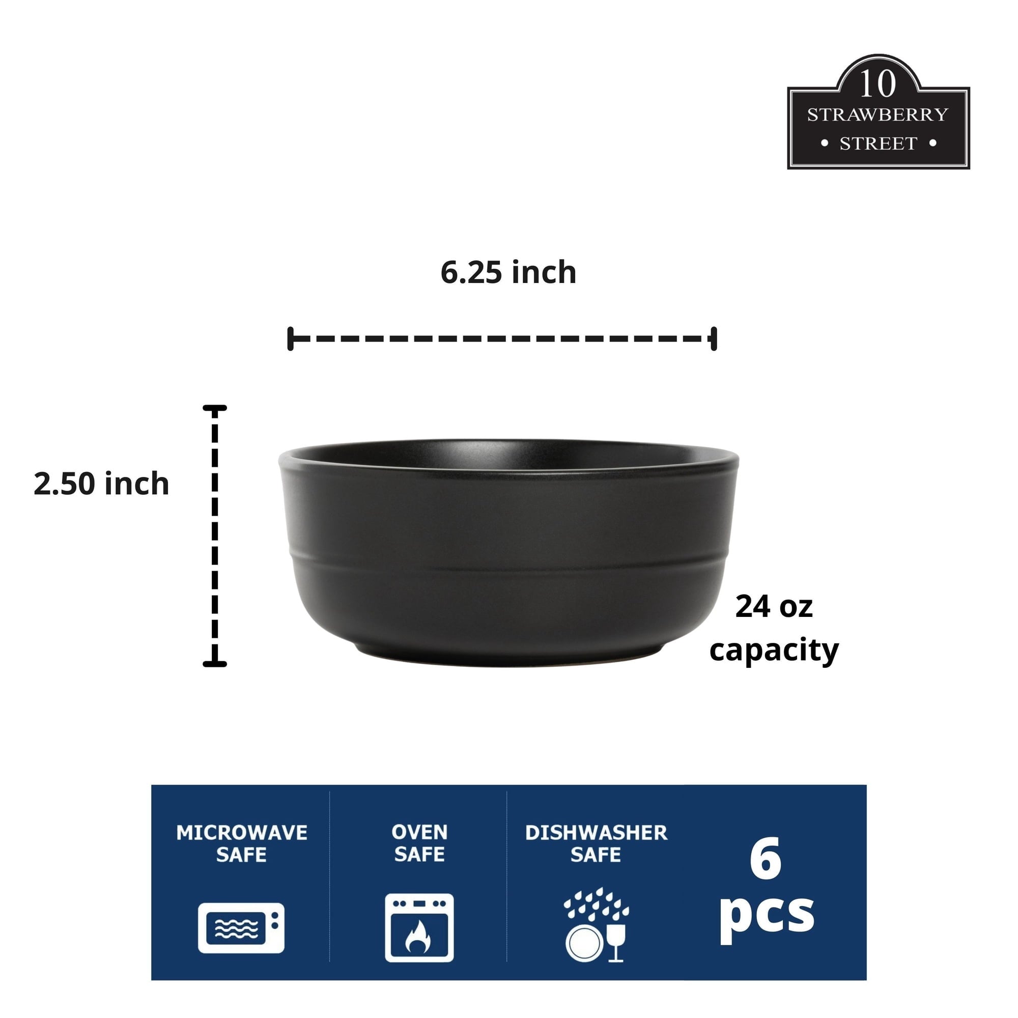 10 Strawberry Street Double Line 6.25"/24 oz Round Cereal Bowl, Set of 6, Matte Black