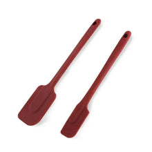 Red silicone kitchen spatula set with two solid heads and loop hanging holes