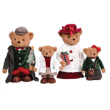 Four plush teddy bears in festive outfits, arranged front-facing without measurement labels.