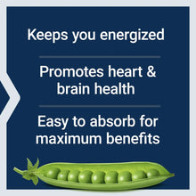 Dietary supplement card with pea pod graphic and energizing message