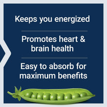 Nutrition claim panel with green peas on a navy-blue background
