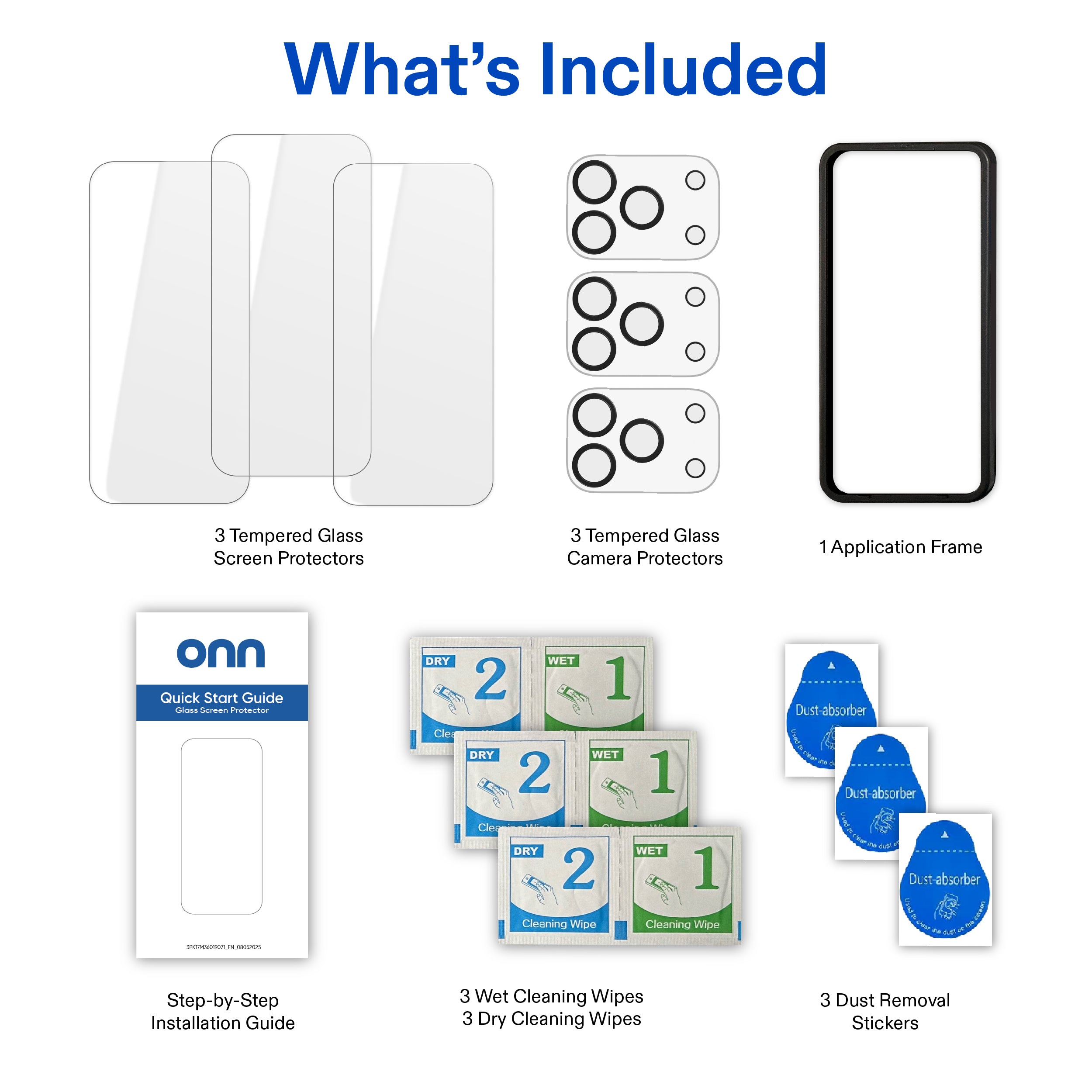 onn iPhone 17 Pro Max 3-Pack Glass Screen Protector with Camera Glass and Easy Installation Frame