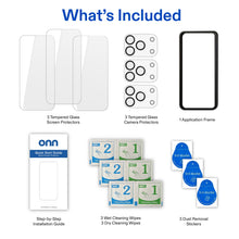 Tempered glass screen and camera protector kit with application frame and wipes