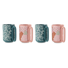 4-pack stoneware mugs, teal and pink floral butterfly patterns with wide curved handles