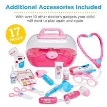 Pink doctor kit carrying case with stethoscope and assorted medical accessories, 17 pieces