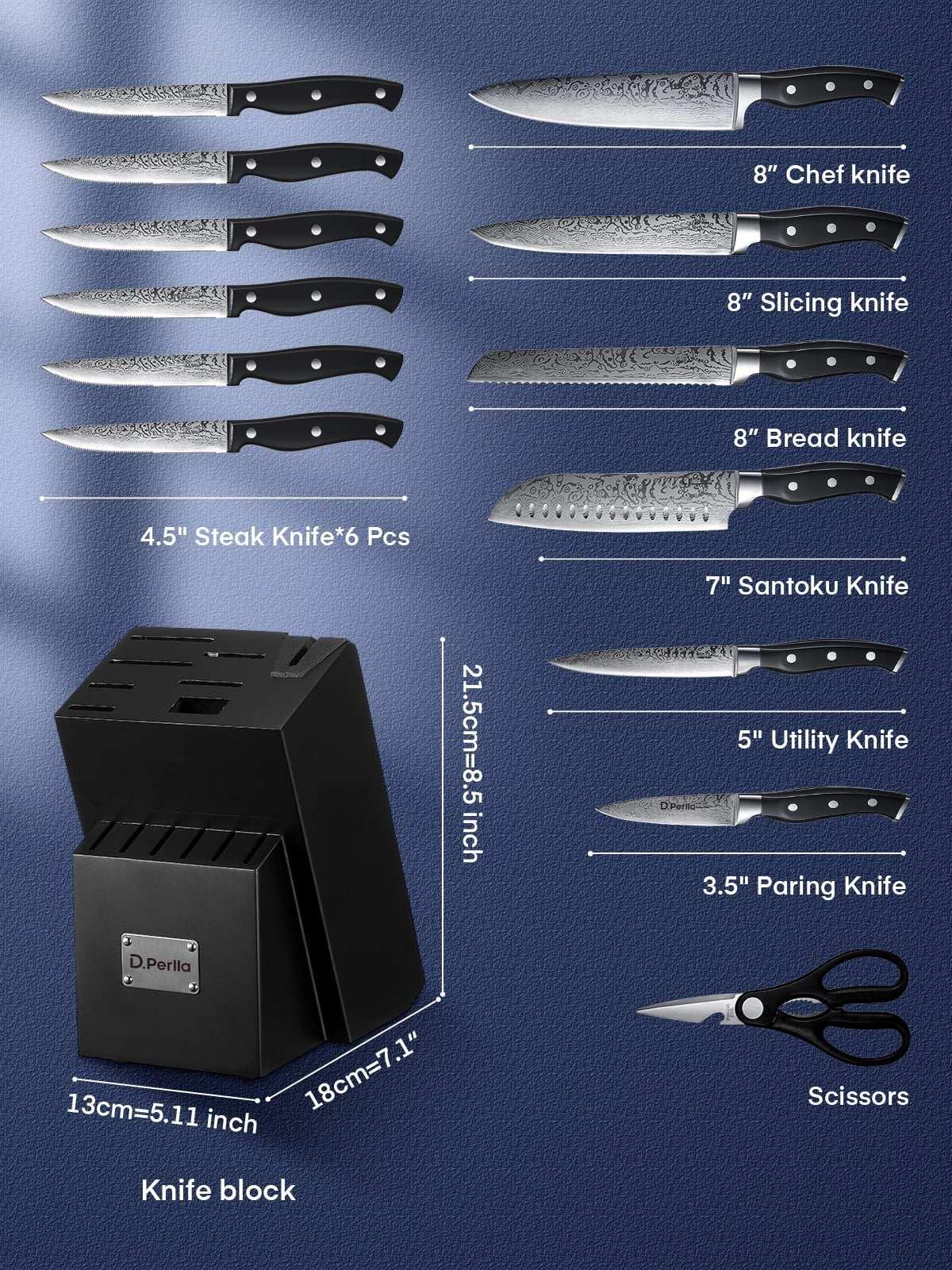 D.Perlla Knife Set, 14 Pcs Kitchen Knives Set with Built-in Sharpener, Stainless Steel Knife Set with Block - USA MEGA SHOP