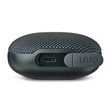 onn mini rugged speaker, gray mesh body with USB charge port and control panel