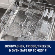 Clear glass baking dishes in a dishwasher-safe loading rack