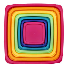 Nested plastic storage containers with square lids in rainbow colors