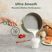 Green nonstick frying pan with pouring liquid held above countertop