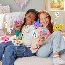 Colorful mini electronic plush toys held by two kids on a bed