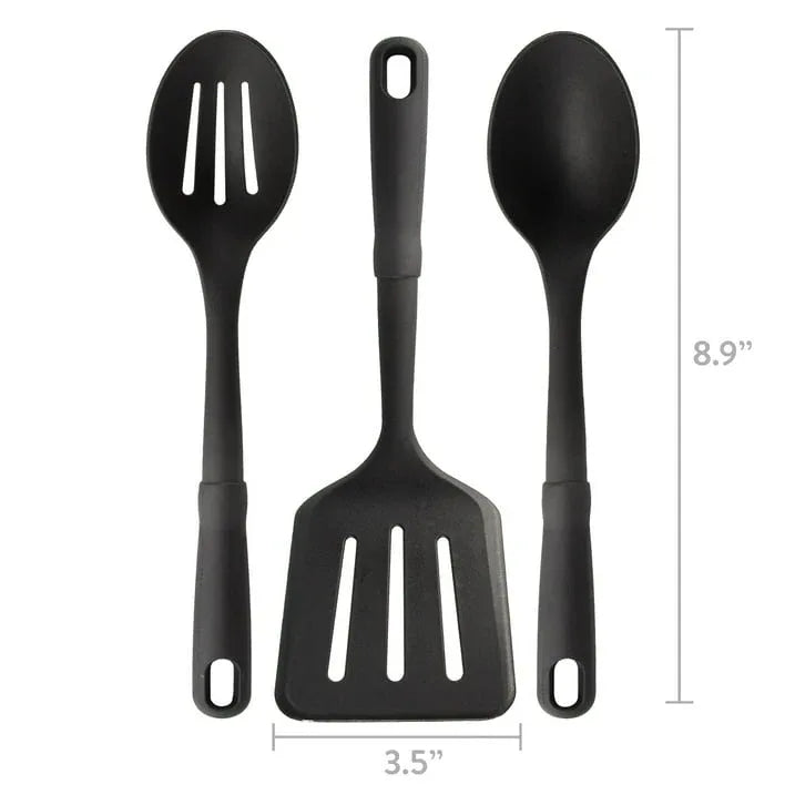 Mainstays 3-Piece Kitchen Utensil Set, Slotted Spatula, Slotted Spoon and Solid Spoon, Black, Nylon - USA MEGA SHOP