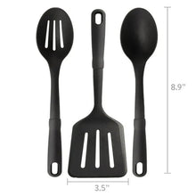 Black 3-piece nylon utensil set with length shown for slotted spatula and spoons