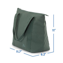 Forest green soft cooler tote bag with top handle and zippered side opening