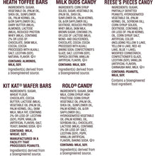Ingredient lists for Heath, Milk Duds, Reese’s, Kit Kat, and Rolo candies