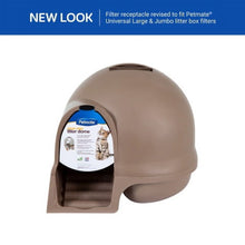 Enclosed cat litter box with dome hood and steps, front view with label