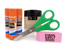 School supply box kit with Elmer’s glue sticks, scissors, and “School Supply Boxes” label