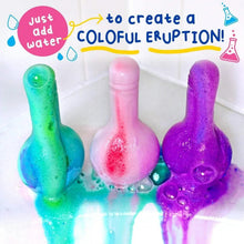 Three bath potion bottles creating colorful erupting bath foam: teal, pink, purple.