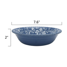 Blue daisy melamine serving bowl with white floral rim