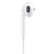 Wired white earbud with mesh speaker grille and right-side mark