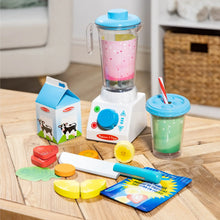 Wooden smoothie maker blender set with clear blender, cups, and toy fruit pieces